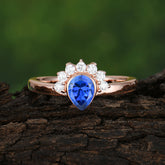 Unique Pear Cut Halo Sapphire Engagement Ring Bezel Cluster Ring